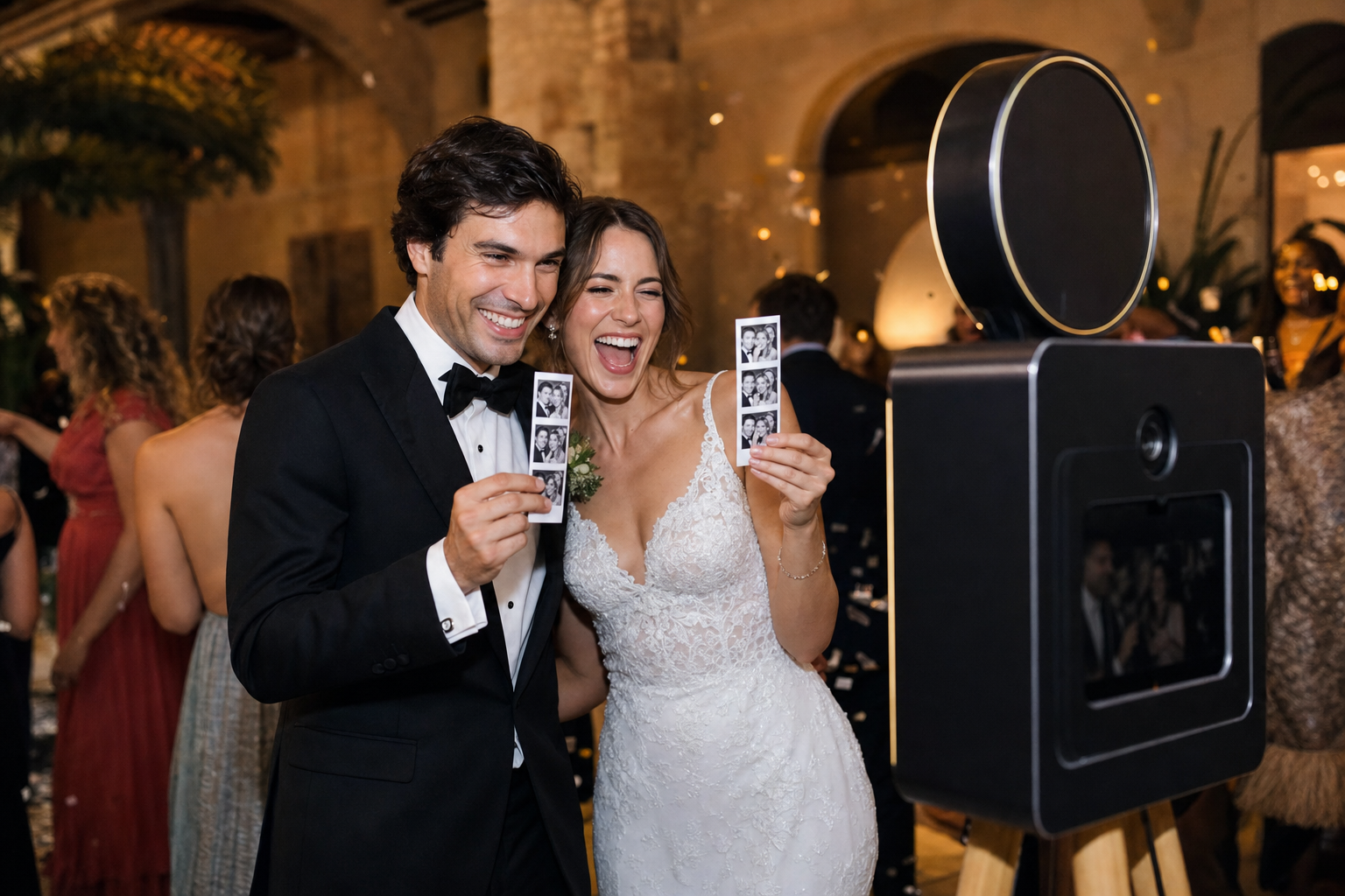 Novios con tiras del fotomatón en su boda en Barcelona