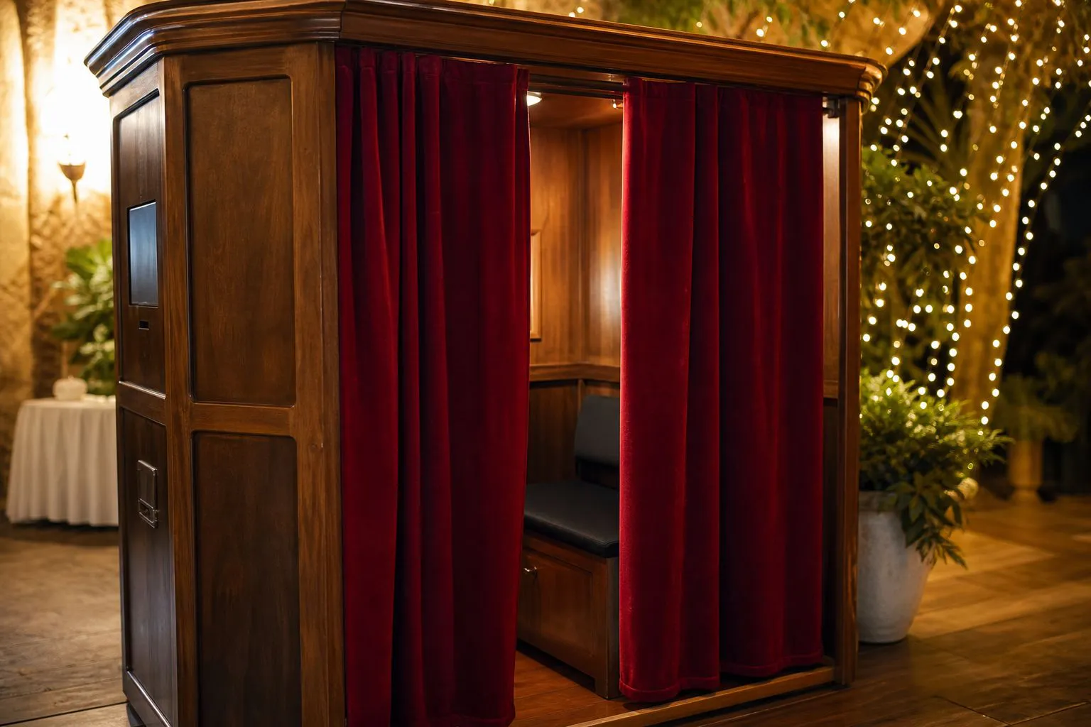 Cabina fotomatón con cortinas rojas en aniversario en Barcelona