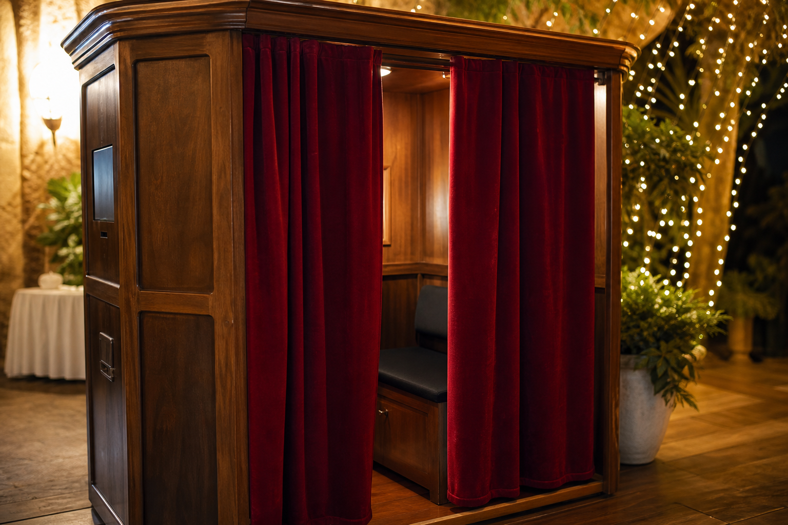 Cabina fotomatón con cortinas rojas lista para un aniversario